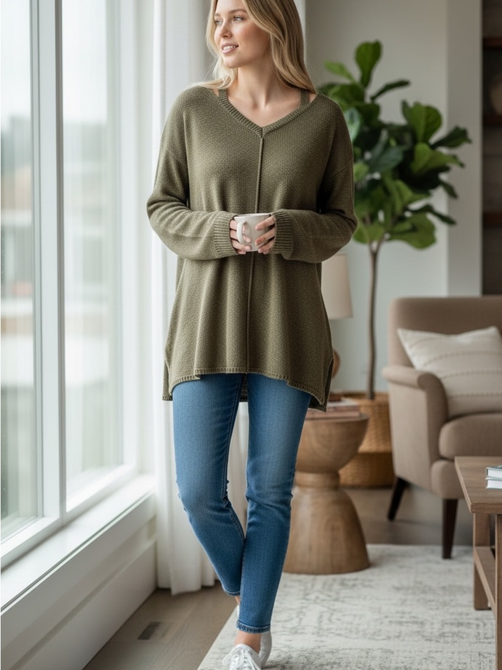 BE COOL Olive Green Off-the-Shoulder V-Neck Sweater